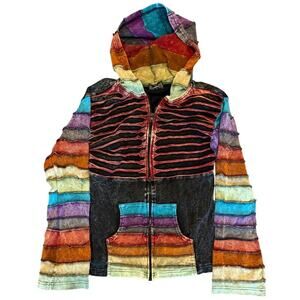 Patchwork Rainbow Hoodie Jacket Womens XL Acid Wash Boho Cotton Rave Hippie